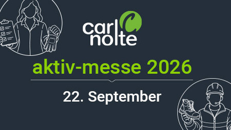 Dunkelblauer Hintergrund, links oben und rechts unten weiße Strichzeichnungen mit Personen, die Arbeitsschutzprodukte tragen und halten. In der Mitte das weiß-grüne Logo der Carl Nolte Technik, Text aktiv-messe 2026, 22. September