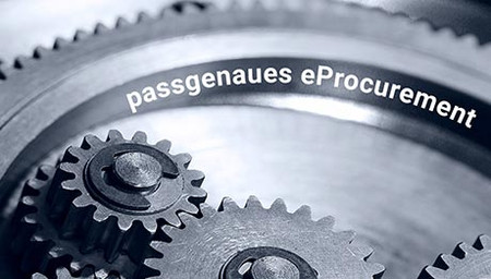 silbrig-graue Zahnräder, die ineinandergreifen, dazu weißer Text "passgenaues eProcurement"