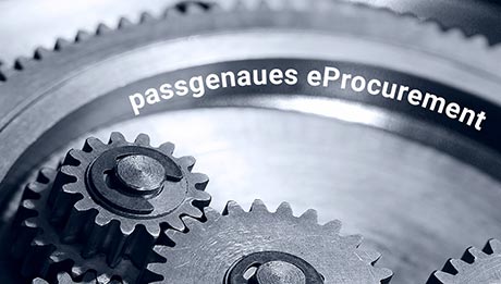 silbrig-graue Zahnräder, die ineinandergreifen, dazu weißer Text "passgenaues eProcurement"